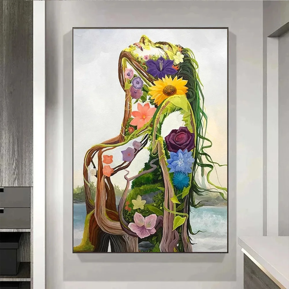 

Colorful Flowers Girl Face To Sky Oil Canvas Painting Abstract Art Poster and Print Picture for Living Room Wall Art Home Decor