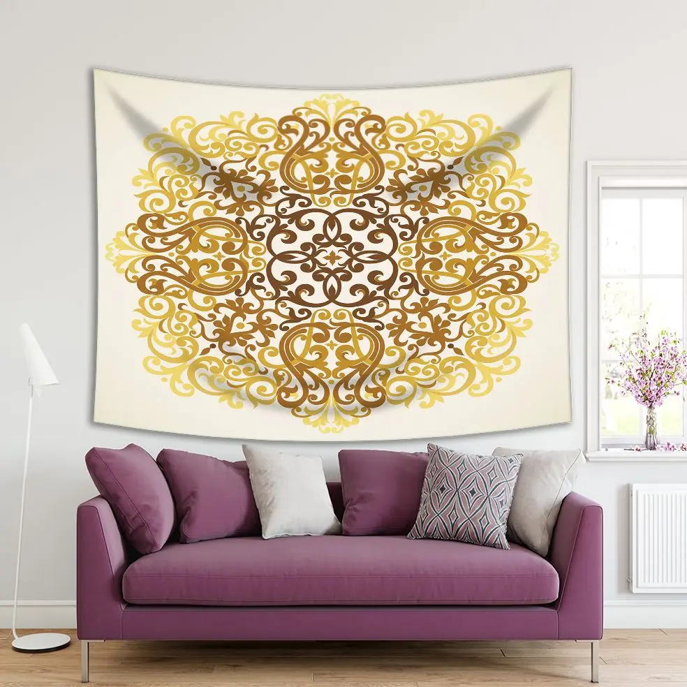 

Tapestry Classic Moroccan Style Mandala Artwork Floral Ornamental Pattern Brown Gold Colors