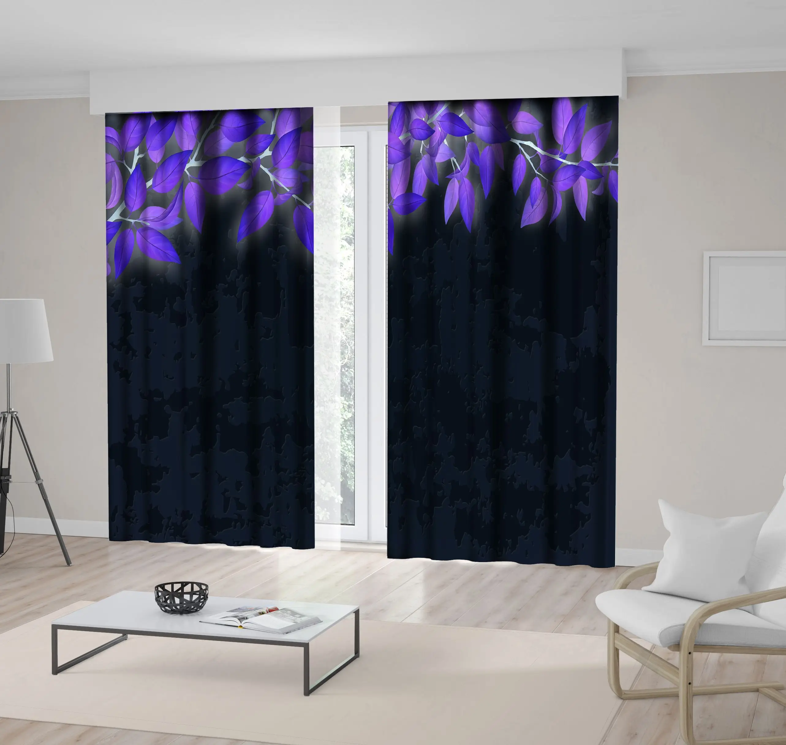 

Curtain Tree Branch Foliage on Old Wall Countryside Summer Garden Night View Grunge Artwork Blue Purple Gray