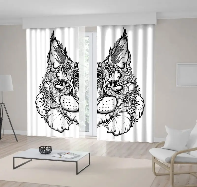 

Curtain Cat Lynx Head Wild Nature Animal World Decorative Zentangle Printed Black White