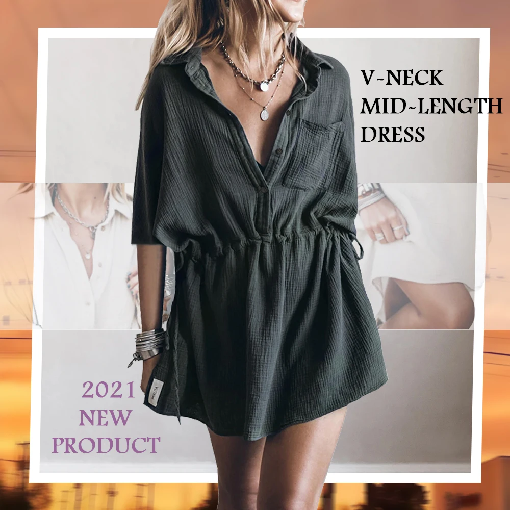 

Women V Neck Drawstring Waist Dress Button Down Solid Color Pleated Linen Harajuku Korean Style Mini Dress with Pocket
