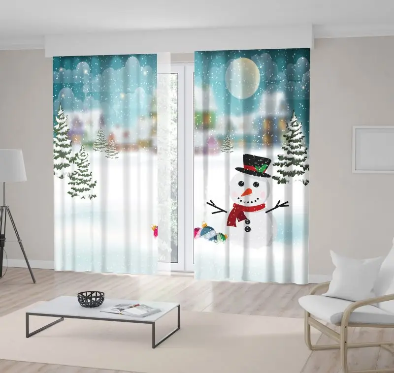 

Curtain Winter Village Snow-covered Houses Fir Trees and Snowman Moon Stars Cloudy Night Sky Holiday Theme Teal Green white