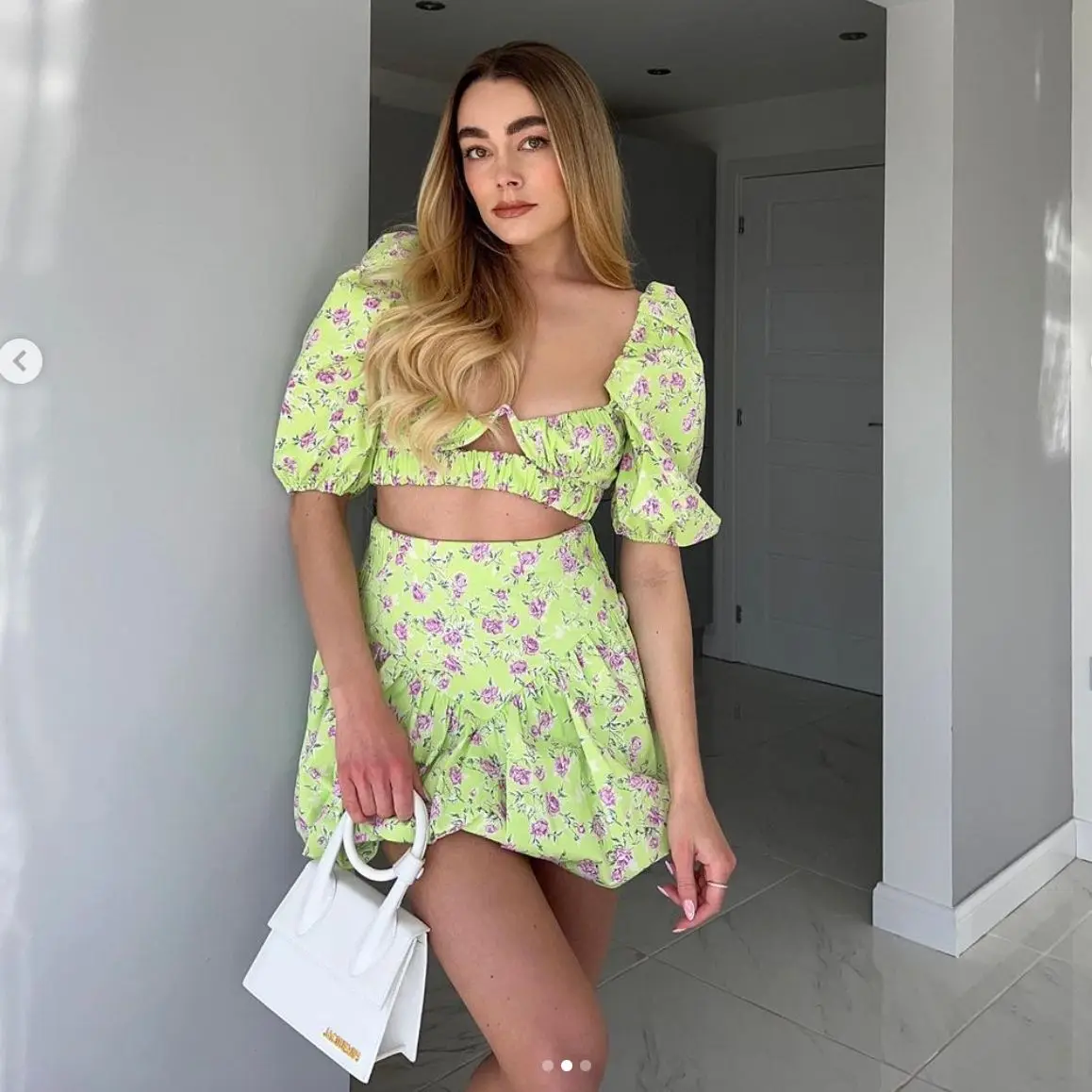 

JUNWU Summer Za Women's Green Printed Short Sleeve Square Neck Short Top High Waist Design Puff Skirt Suit Sexy Chic Elegant