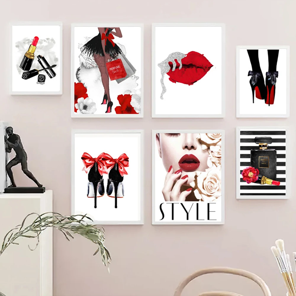 Модная девушка с сексуальными красными губами на черных высоких каблуках: картина на холсте для стен, постер в стиле скандинавского дизайна, современный декор для гостиной, подарок.