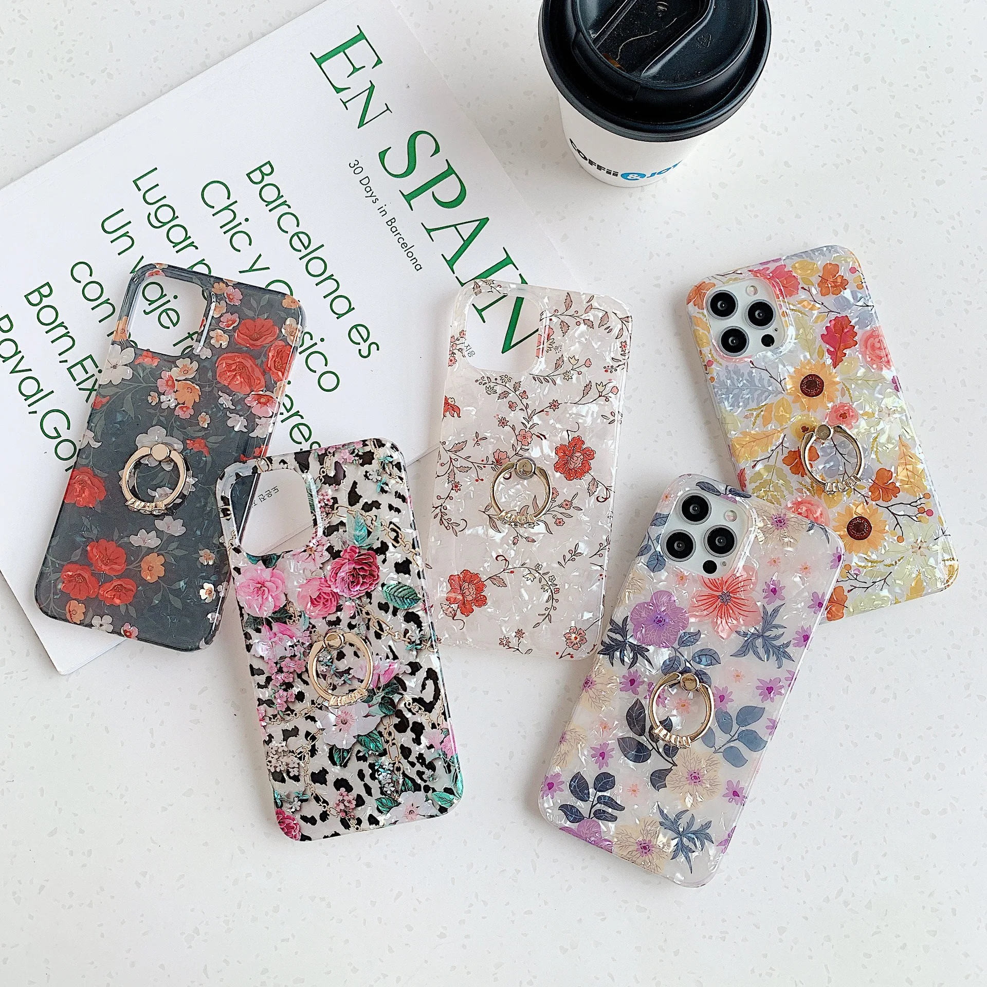 

Luxury Diamond Ring Buckle Holder Phone Case For iPhone 12 11 Pro Fashion Flower Soft Cover For iphone X XR XS Max 7 8 Plus Capa