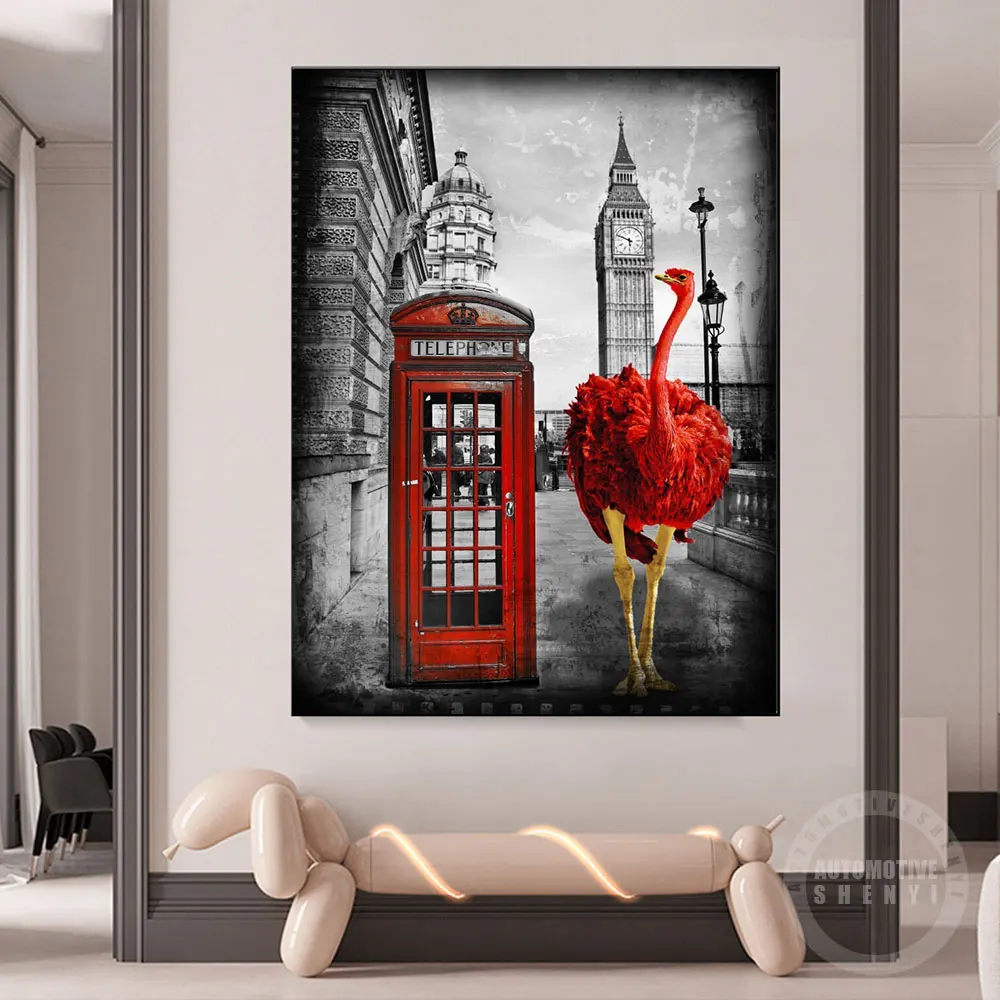 

Британская телефонная будка с красной страусиной холщовой картиной плакаты и принты настенные художественные картины для гостиной домашн...