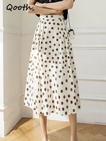 qooth polka skirt women 2022 springsummer new printed dot high waist a line skirt long skirts elegant floral skirt qt1581