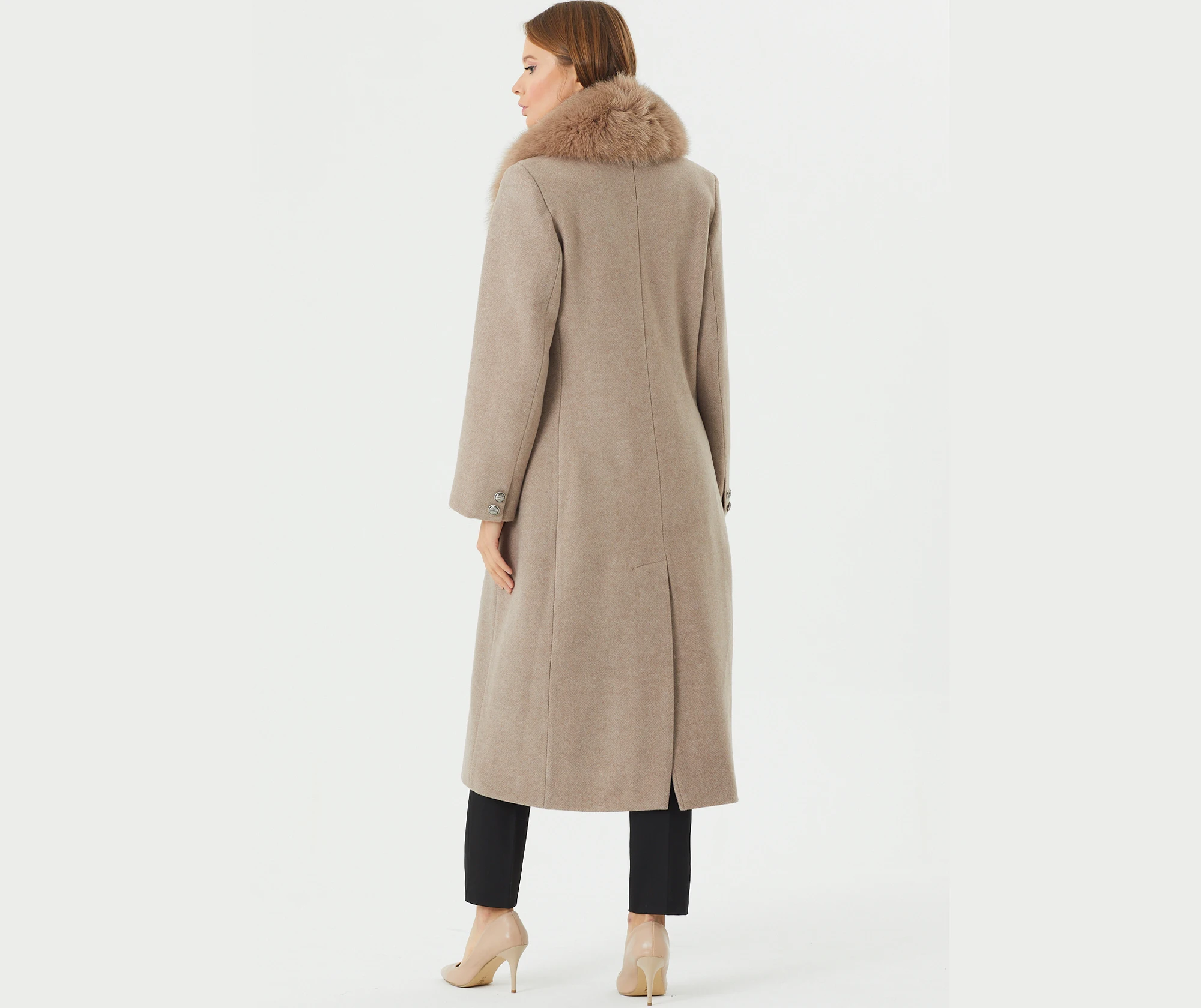 

Fur Collar Woman Khaki Double Breasted Cashmere Coat, Khaki Double Breasted Cashmere Coat With Fox Fur Collar