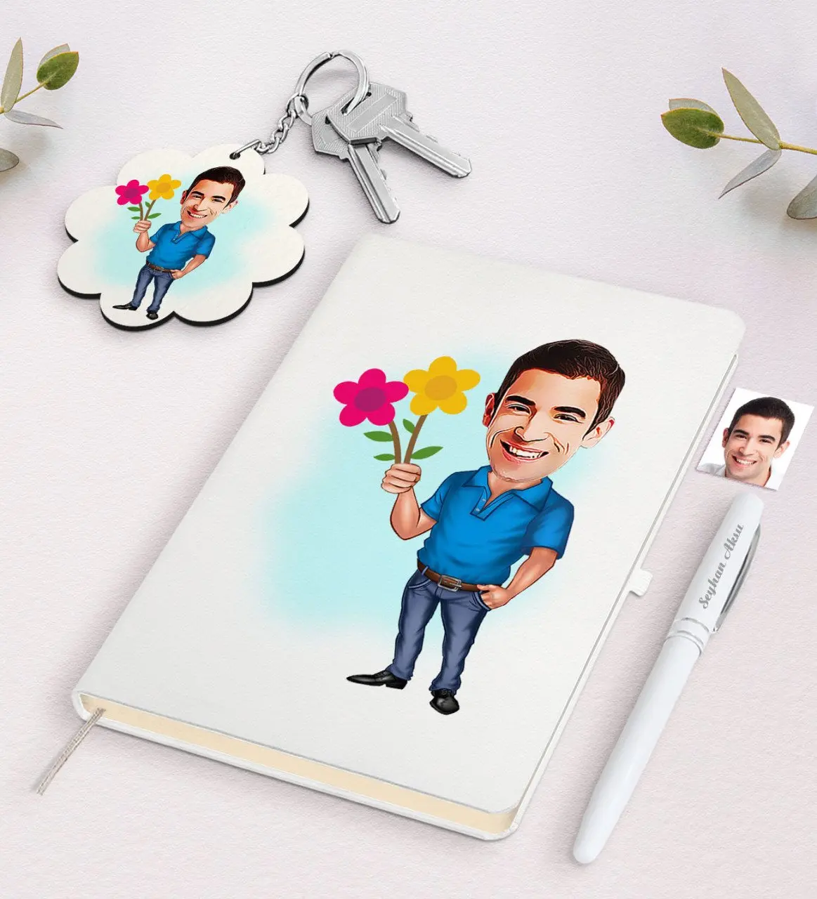 

Personalized Men 'S Caricature Of White Notebook pen And Keychain Gift Seti-1 Reliable Quality Gift Casual Design moment