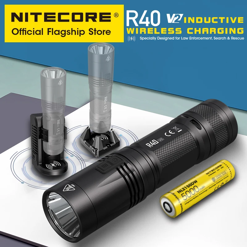 NITECORE R40 V2 Rechargeable Flashlight led Powerful Strong Light Long Range Torch Wireless Charge, Car charger, 21700 Battery