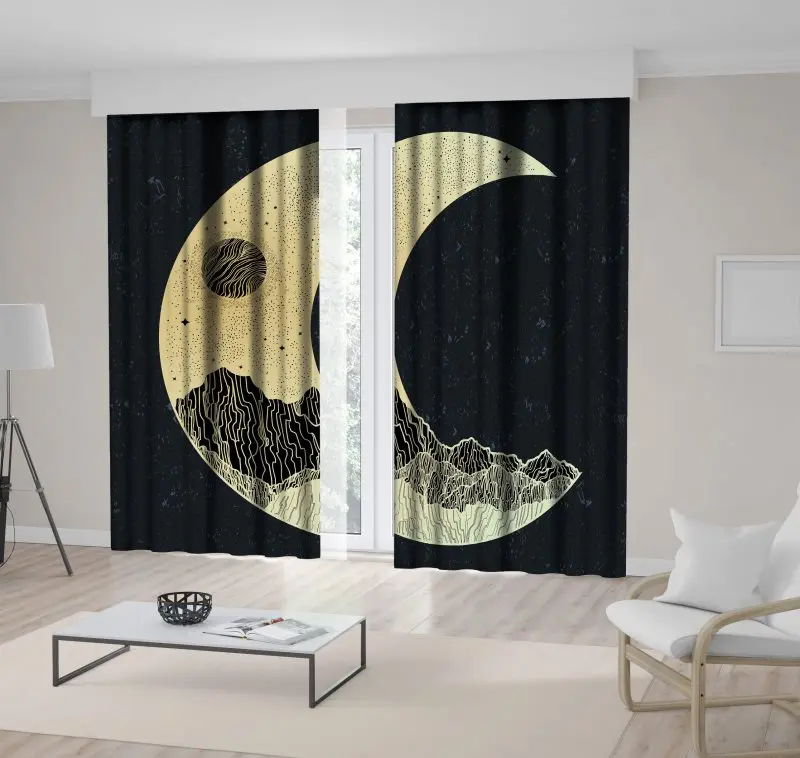 

Curtain Mountains Full Moon and Stars Night Sky in Crescent Shape Nature Theme Decorative Artwork Gray Yellow