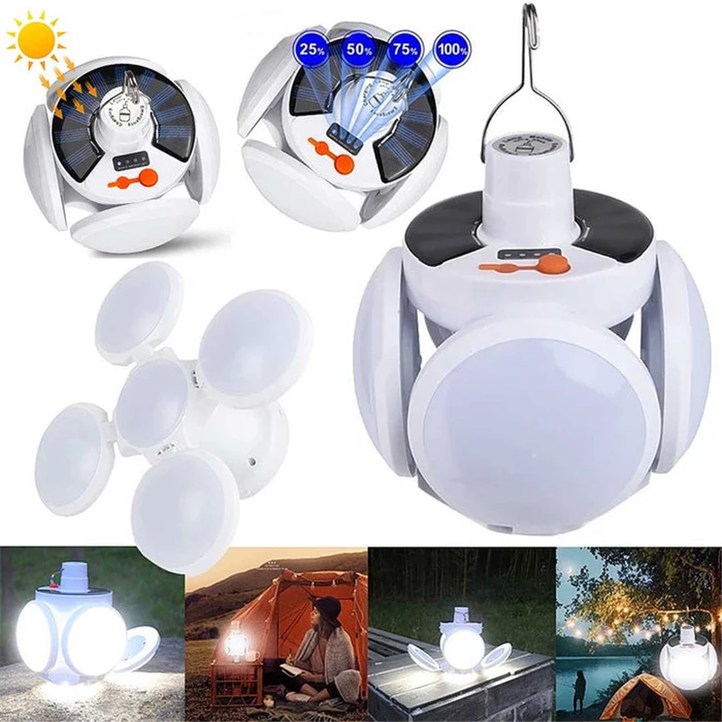 

Solar Camping Lantern Rechargeable LED Lantern Portable Tent Light with Hanging Hook Foldable LED Football Bulbs for Home Travel