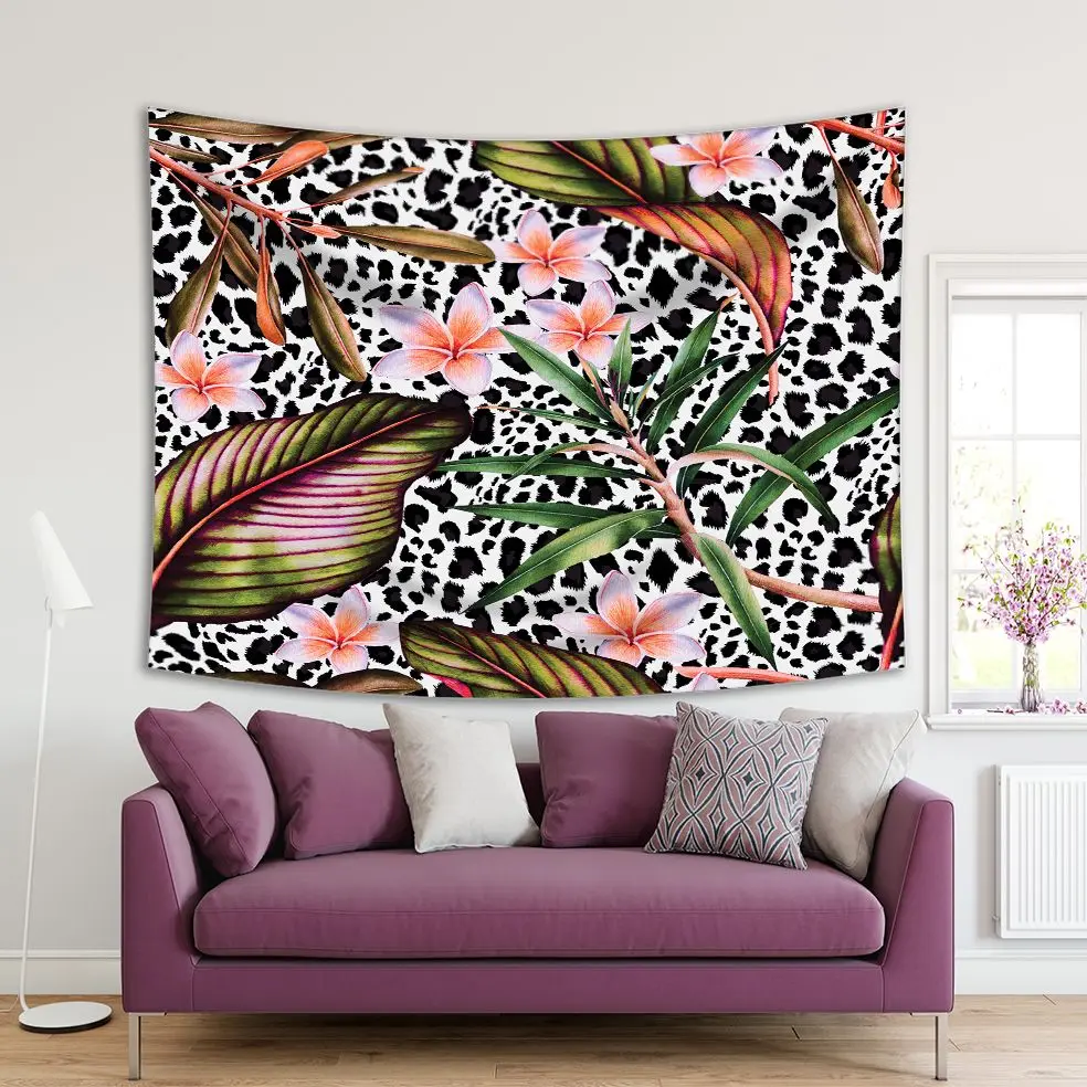 

Tapestry Tropical Flowers Leaves Plants on Animal Print Background Stylish Floral Artwork Black White Green Orange