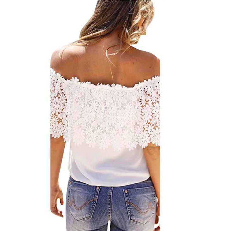

Sexy Women Off Shoulder T Shirts White Short Sleeved Slimming Fit Lace Blouses