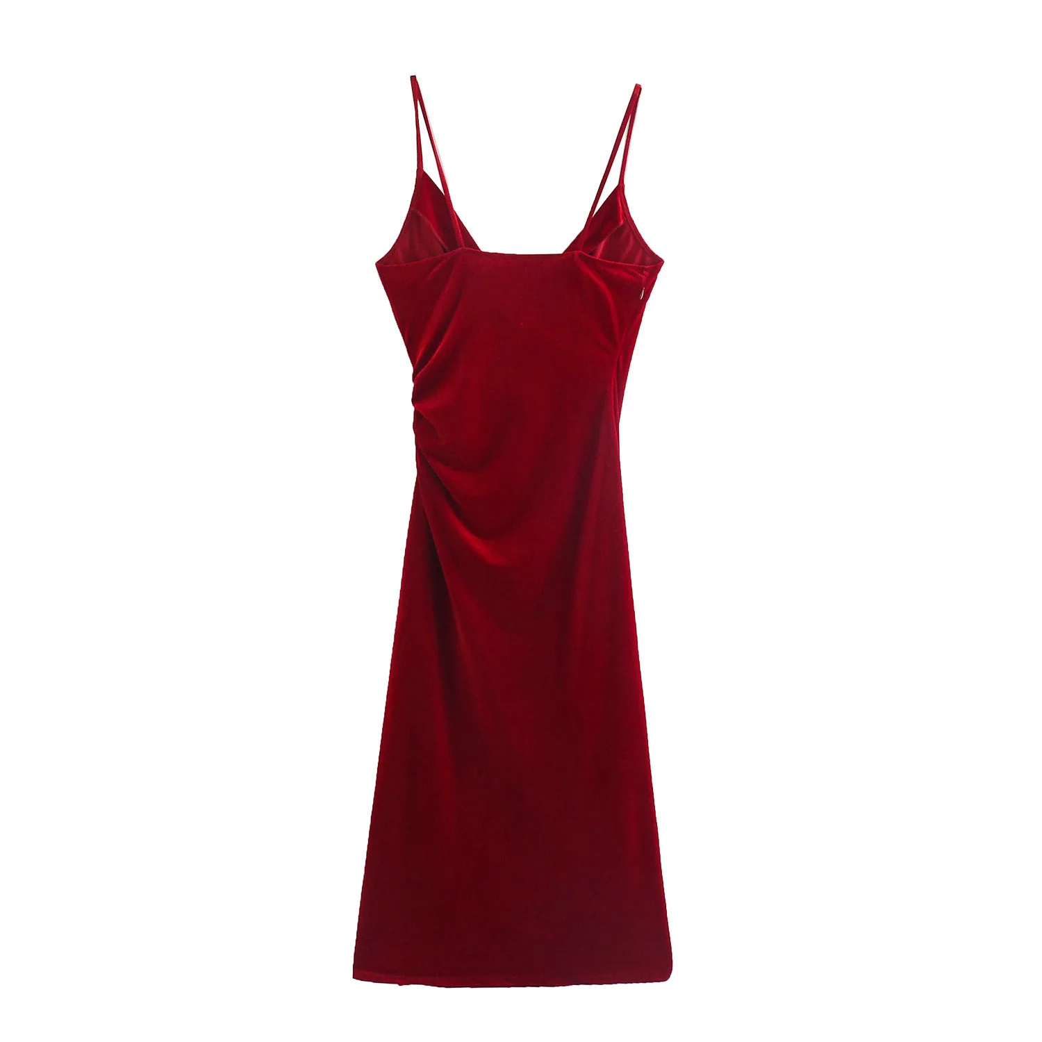 

Autumn Winter European American Red Slim Velvet Dress with Pleated Decoration Women Suspender Skirt Solid Color Sleeveless Dress