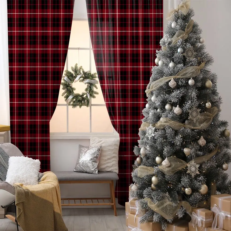 

Curtain Traditional Fabric Design Vintage Check Pattern Artwork Printed Burgundy Black