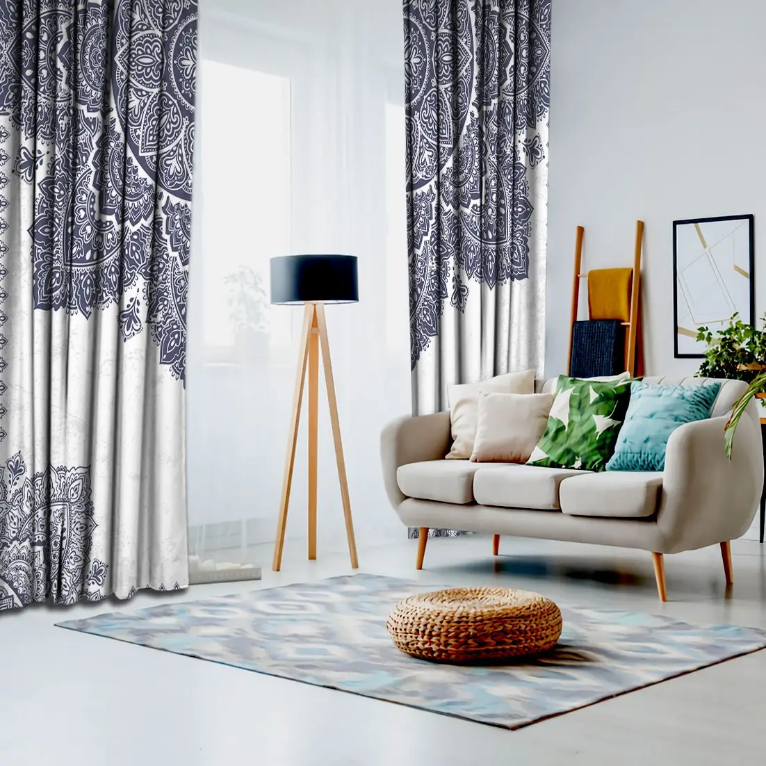 Занавес цветочный орнамент Этническая Мандала хна стиль синий и белый винтажный