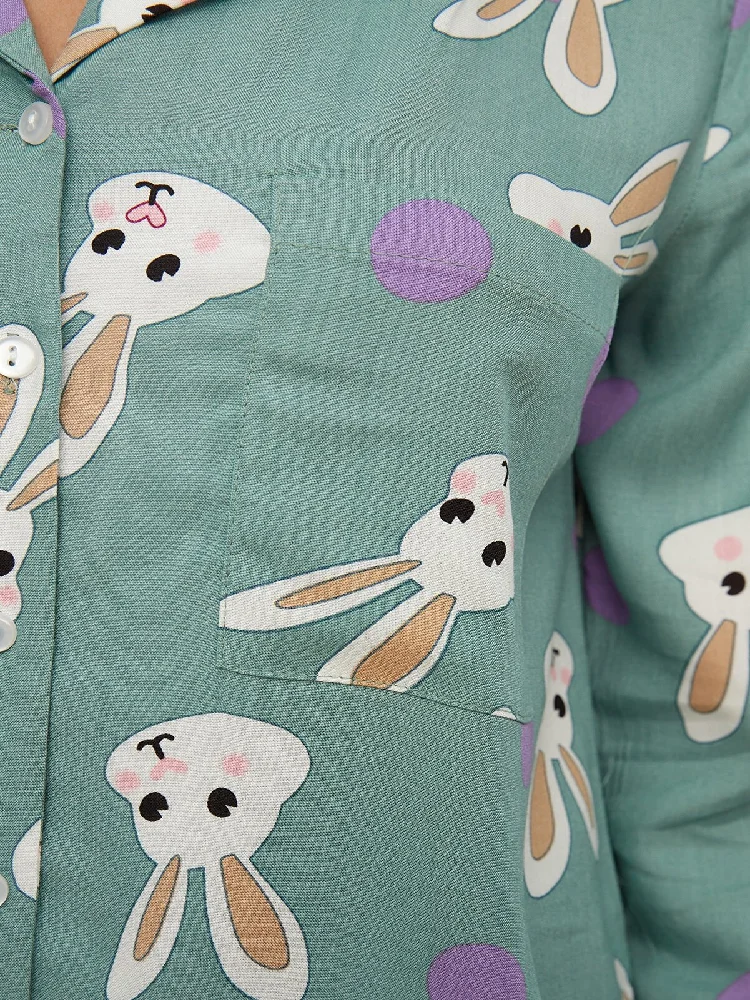 TuBiTeX Green, Long Sleeve, Button, Rabbit Pattern, Woven Pajamas set, Sleepwear Top, pajama Bottoms, Suit