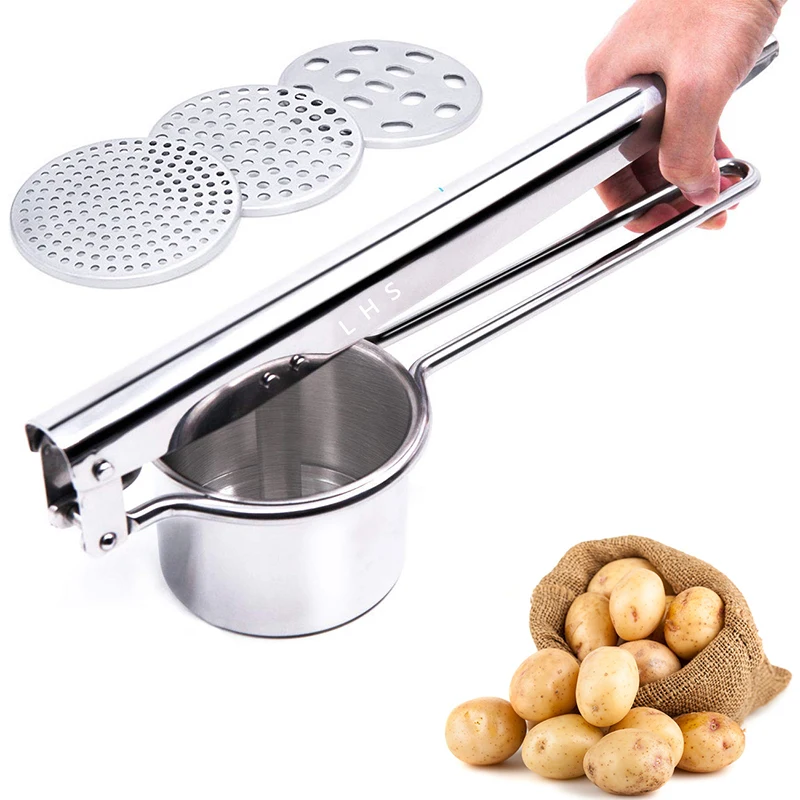 

LHS Stainless Steel Potato Ricer 3 Interchangeable Discs Vegetable Press Crusher Juicer Maker Squeezer Machine Baby Mud Food