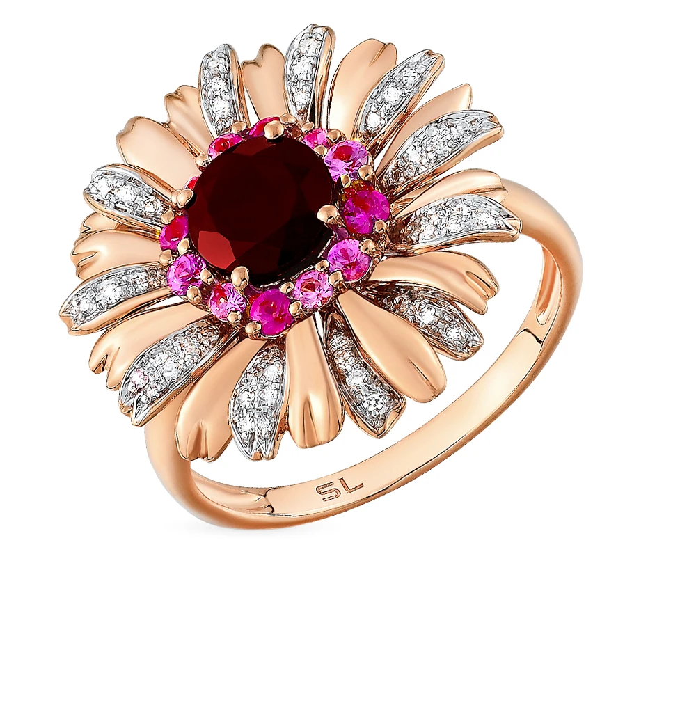 Золотое кольцо с сапфирами гранатом и бриллиантами SUNLIGHT проба 585|Кольца| |