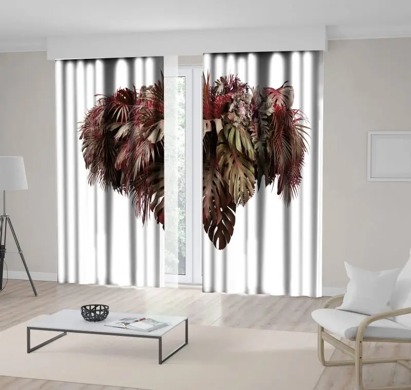 

Curtain Tropical Leaves Foliage Plant Jungle Bush Floral Arrangement Nature Theme Artwork Brown Green White