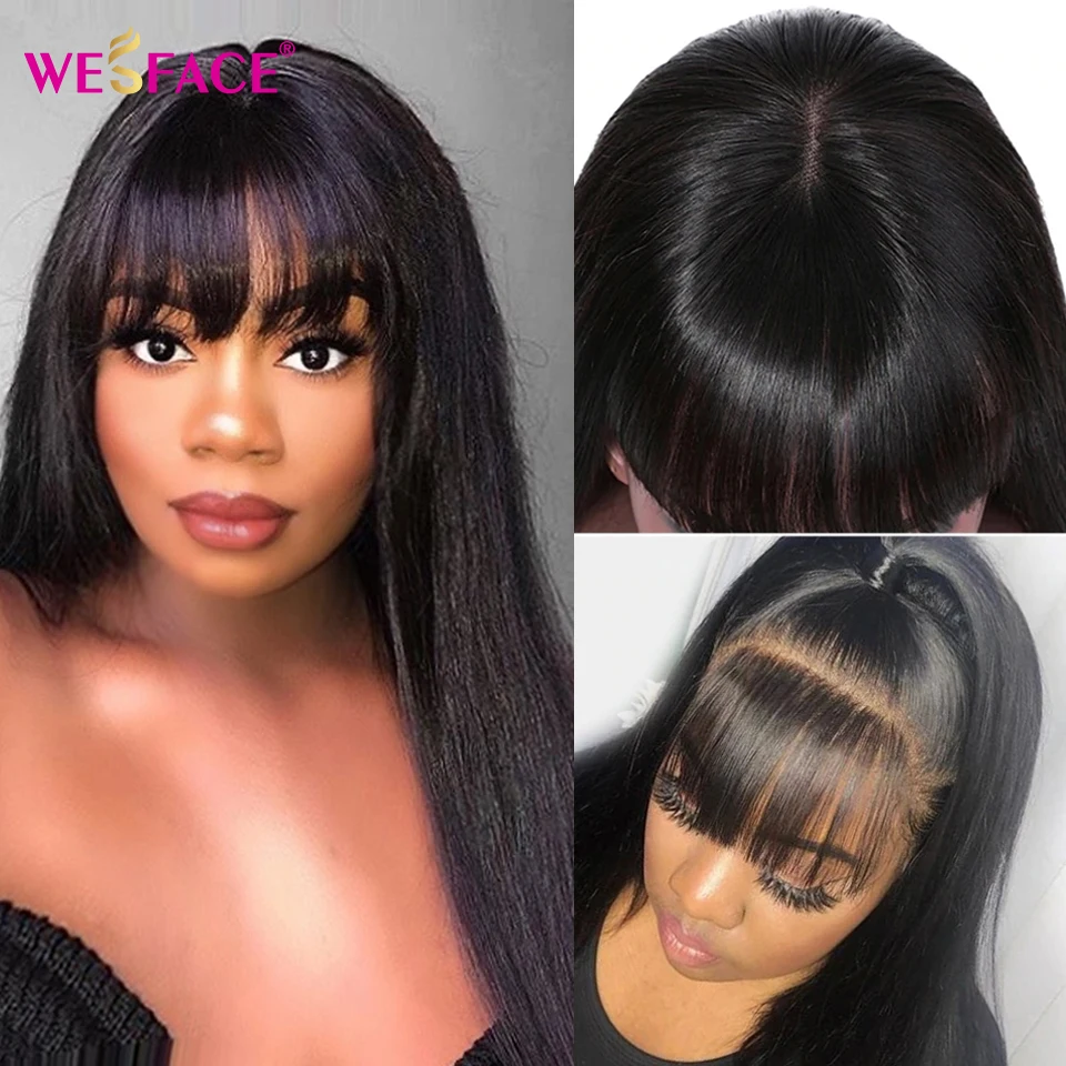 Прямые парики из человеческих волос с челкой на сетке спереди 13*4 натуральные