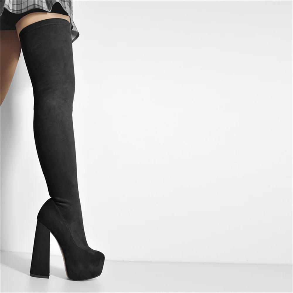 Onlymaker Winter Over The Knee Women Boots Stretch Fabrics Platform Chunky High Heel Slip on Shoes Pointed Toe  Zipper  Boots