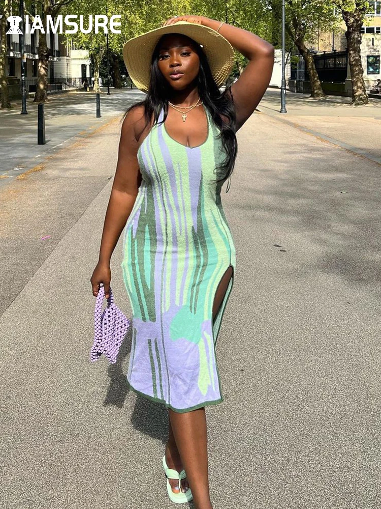 

IAMSURE Holiday Striped Split Knitted Dress Beach Style Sexy Slim Sleeveless Halter Midi Dresses For Women 2022 Summer Ladies