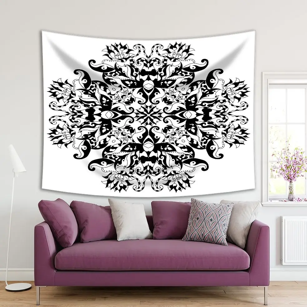 

Tapestry Mandala Ethnic Round Ornament Traditional with Oriental Motif Tribal Artwork Printed White Black