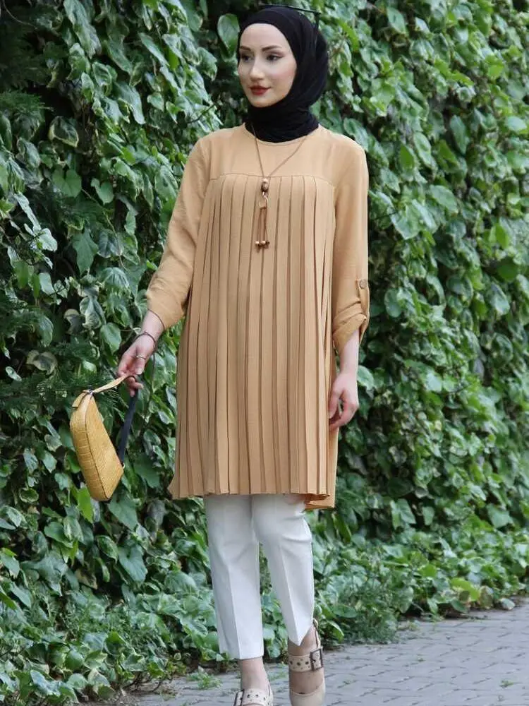 Мусульманский Для женщин плиссированная Туника мусульманских Для женщин платья хиджаба, длинный рукав мусульманское Для женщин торжестве...