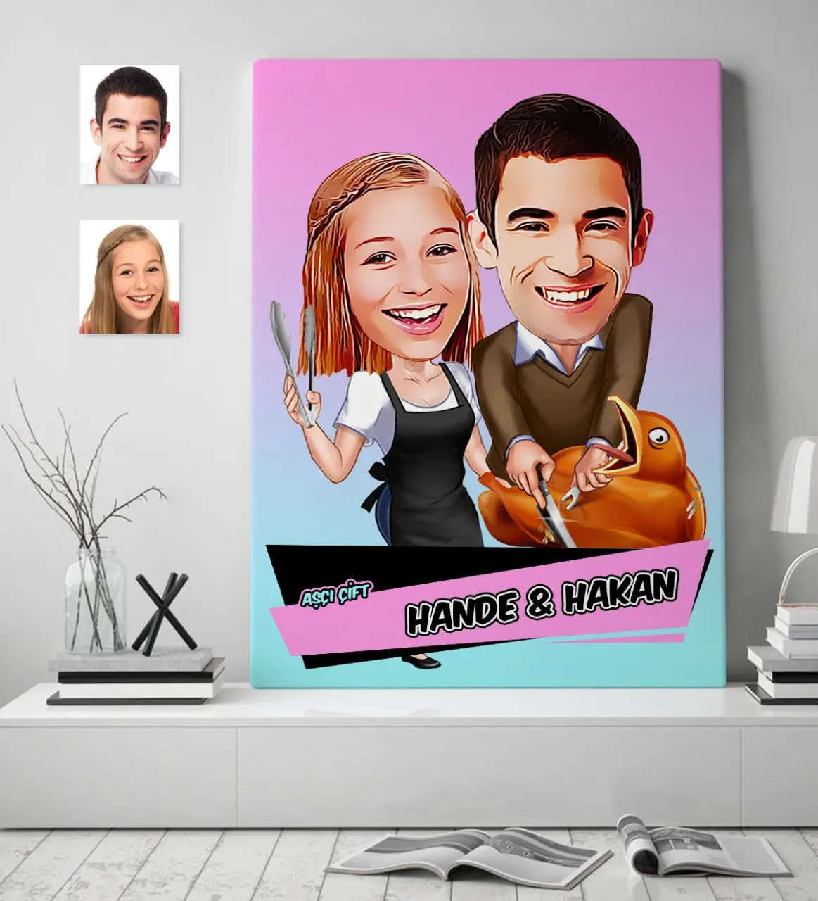 Personalized's Cook Couple Cartoon Canvas Table (70x100 cm.) 2 Customized Your Photo Canvas HD Prints Paintings Home Decorative