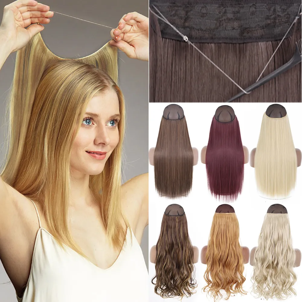Synthetic No Clip Invisible Wire Hair Extensions Straight Natural Black Blonde One Piece False Hairpiece Hair Extension