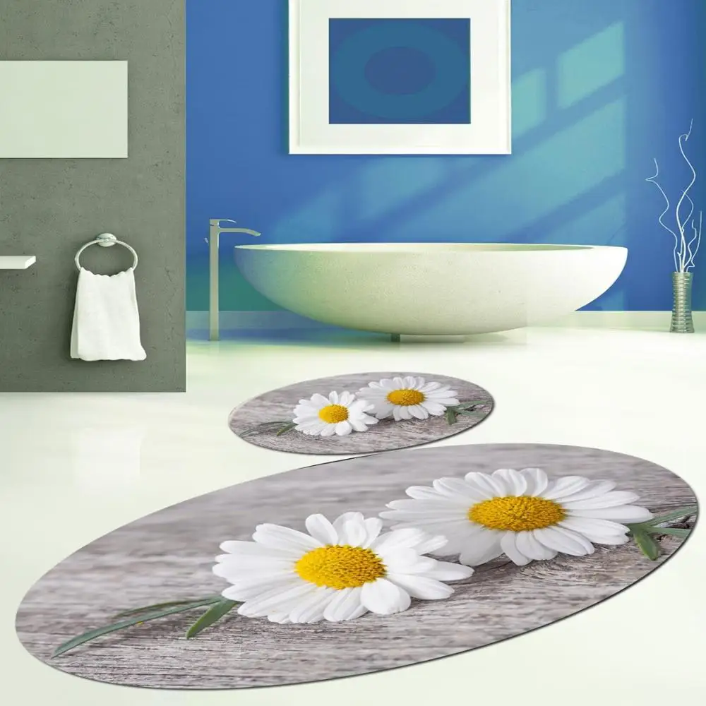 Else Gray Floon White Yellow Daisy Flower Oval 2 Pcs 3d Pattern Print Bath Mats Anti Slip Soft Washable Bathroom Mat Toilet Rugs | Дом и сад