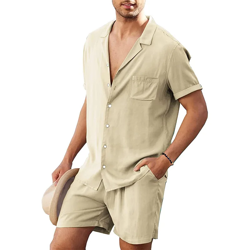 Summer Cotton Linen Shirt Set Men's Casual Outdoor 2-Piece Suit Andhome Clothes Pajamas Comfy Breathable Beach Short Sleeve Sets