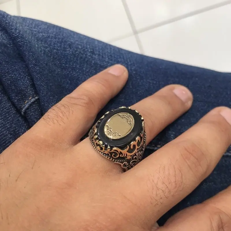 

Ottoman Handwork Name Written Oltu Stone Sterling Silver Mens Ring