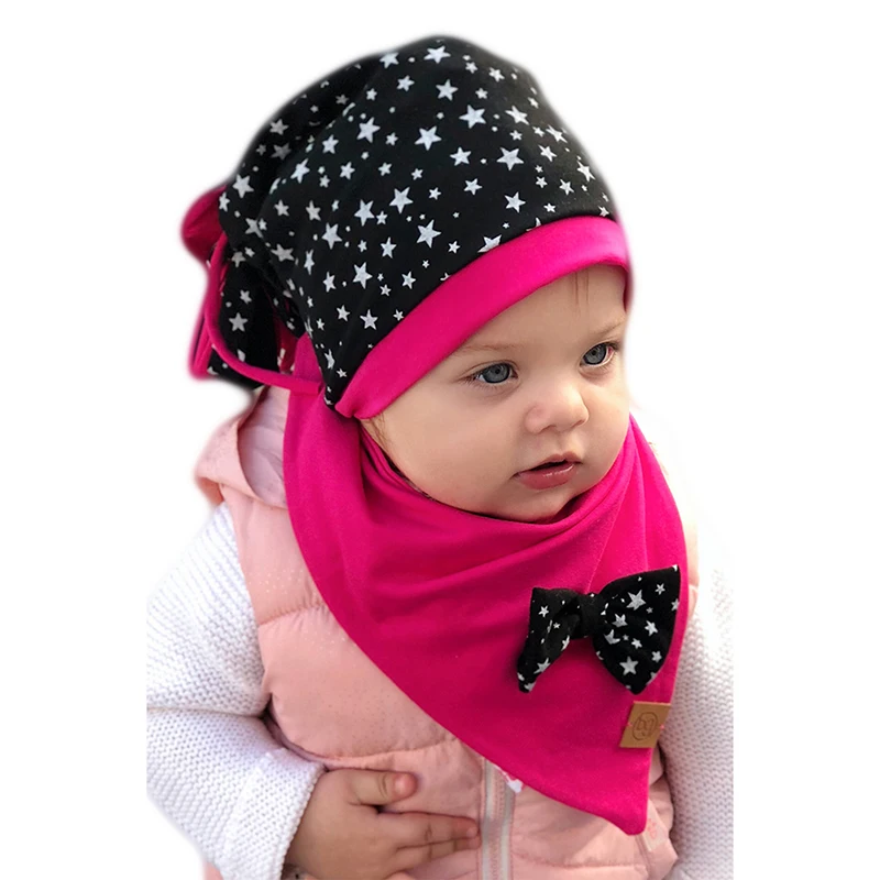 

Babygiz girl child black color white star fuchsia color bow accessory double coat autumn winter spring used combed hat beanie
