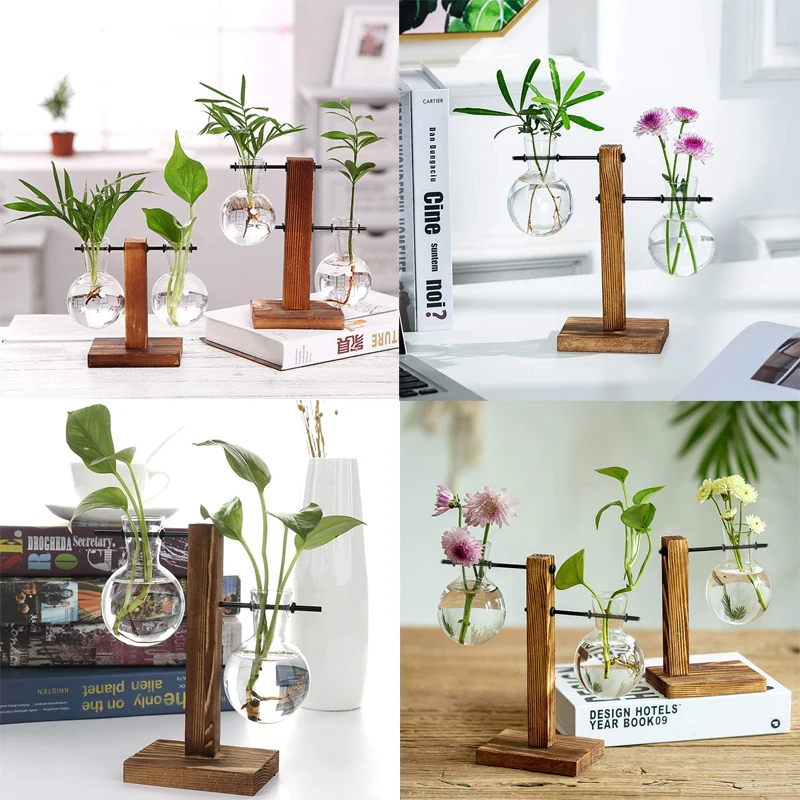 Terrarium Hydroponic Plant Vases Vintage Transparent Flower Pot Wooden Frame Glass Hanging Pots Tabletop Plants Home Bonsai |