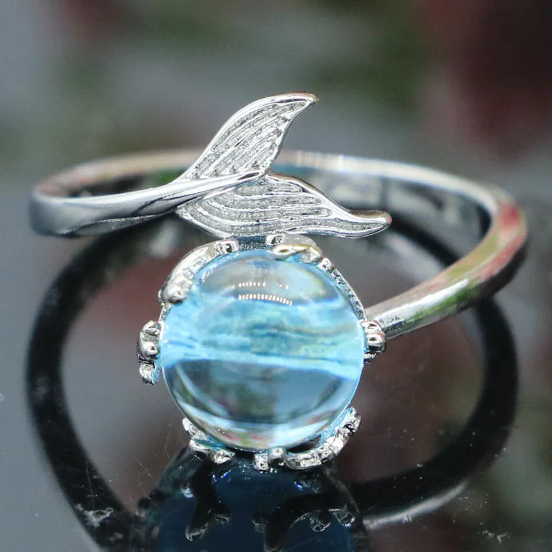 

15x10mm Lovely Cute 3D Ball Shape Mermaid Sky Blue Topaz Women Brithday Gift Silver Rings Wholesale