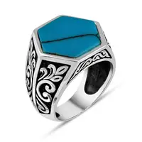 Hexagonal Turquoise Turquoise Stone Flower Motif Silver Men's Ring             Fashion Turkish Premium Quality Handmade Jawelery