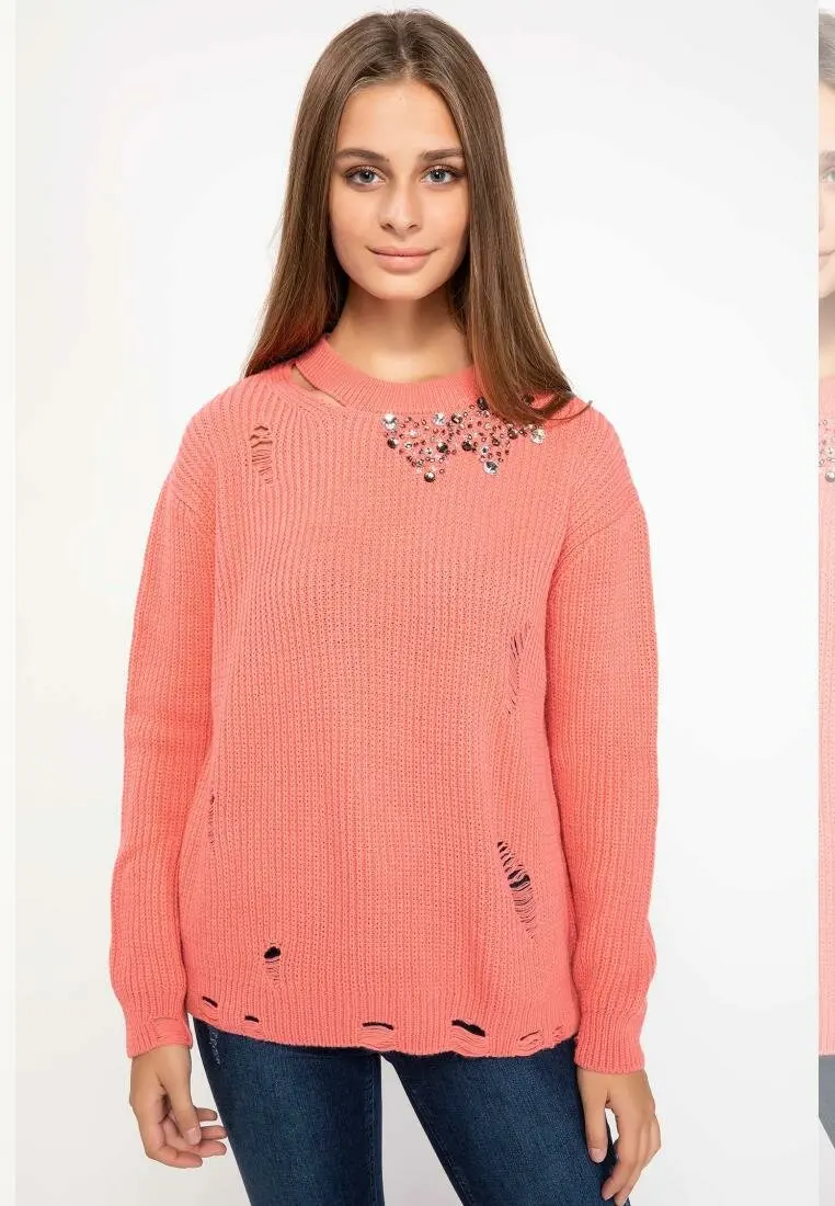 DeFacto шикарный топ тройник розовый цвет рваные женские футболки с длинным рукавом