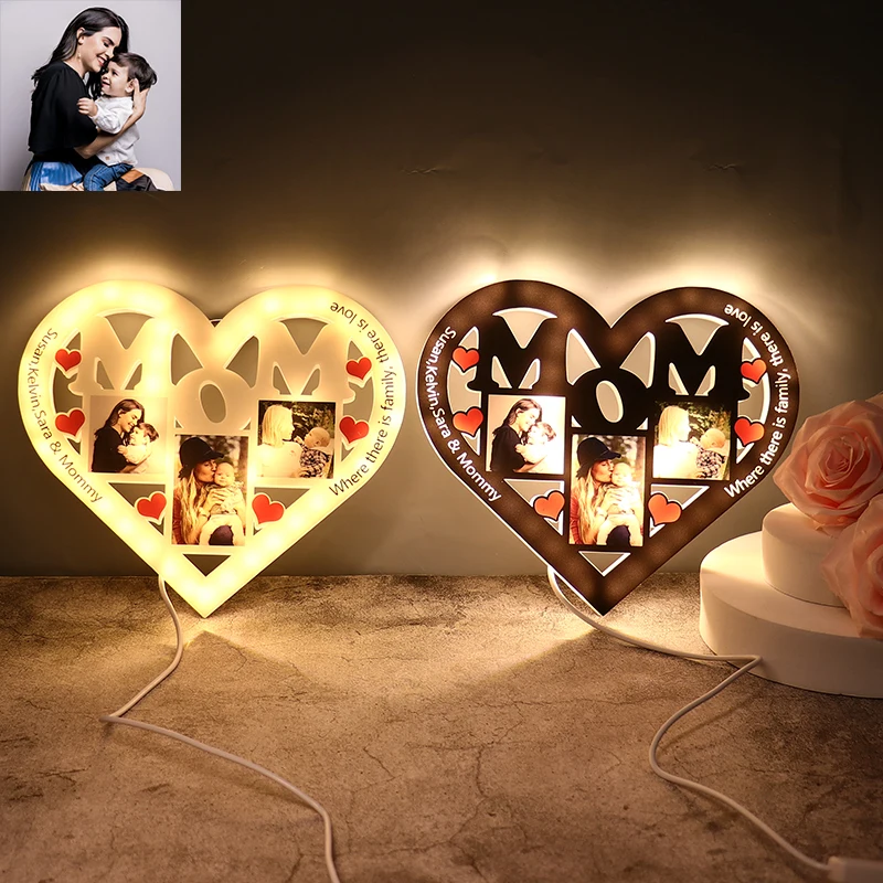 

Personalized Heart Shaped Night Light Custom Photo/Text Puzzle LED USB Wood/Acrylic Mom&Dad Family Unique Gifts for Mother's Day