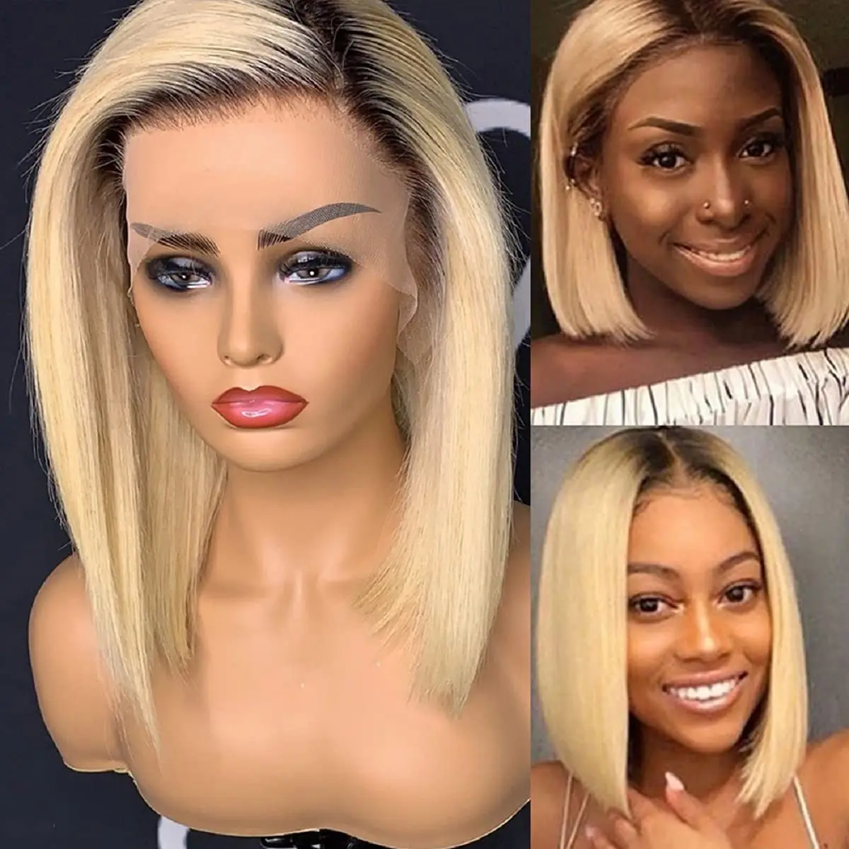 1B 613 Ombre Blonde Bob Wigs Side Part Lace Human Hair Brazilian Straight Short Pre Plucked Lace Front Bob Wigs For Black Women