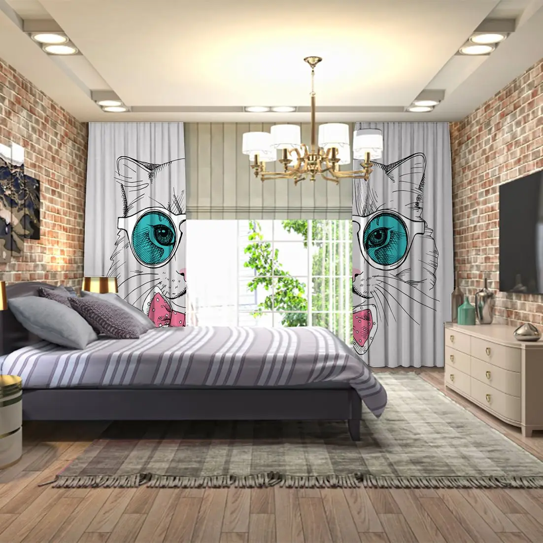 Занавес милый кот в очках и галстук бабочка модные стильные животные мультфильм