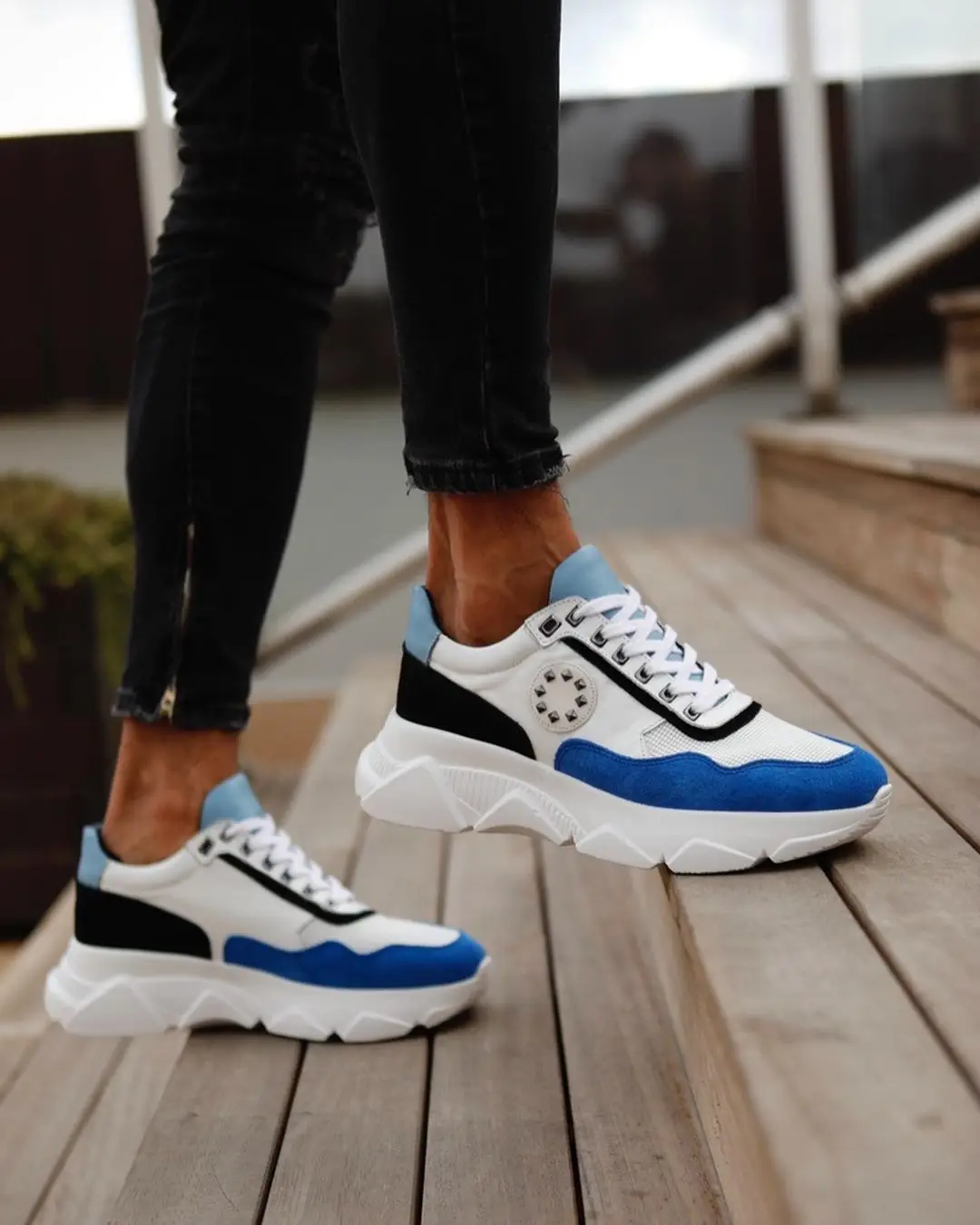 

100% Genuine Leather Casual Style Men Shoes Handmade Comfortable Durable - 13626 WHTE AND BLUE