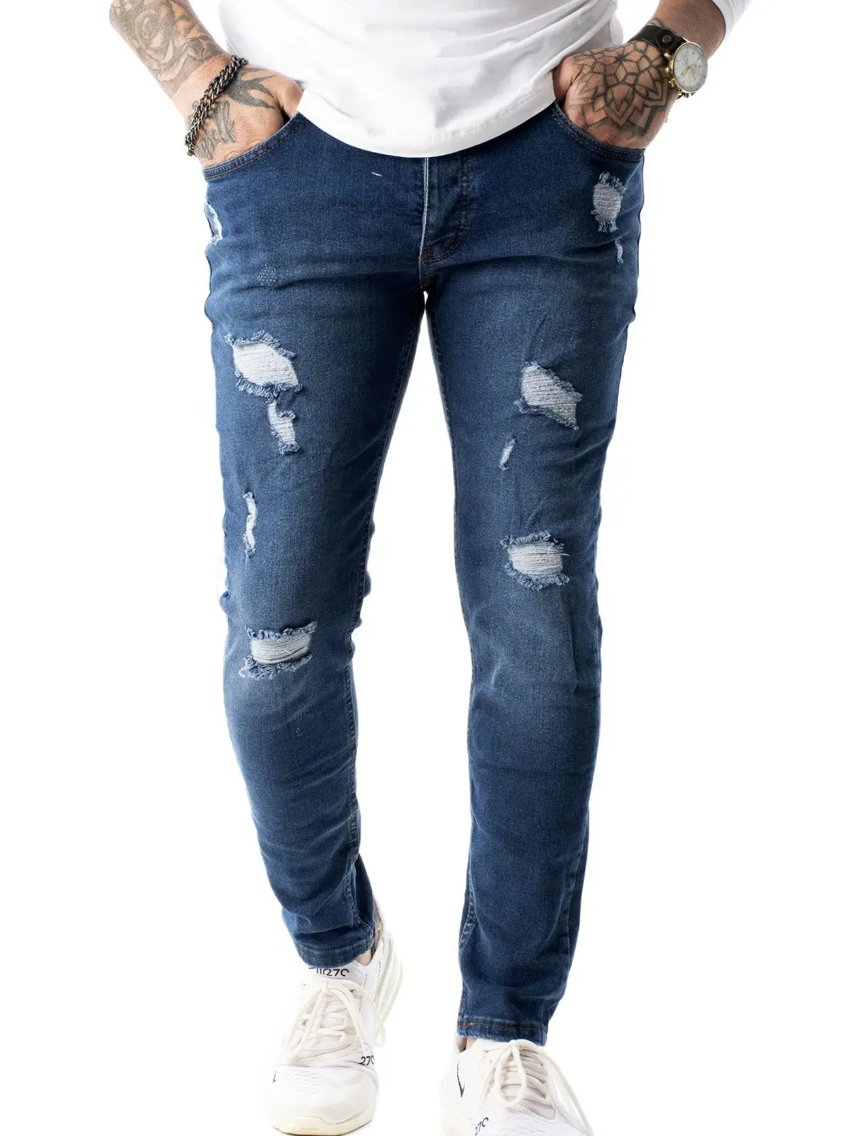 

Мужские Синие рваные джинсы с принтом DeepSEA, зауженные хлопковые брюки из денима и лайкры, высокое качество, Узкие повседневные брюки на все с...