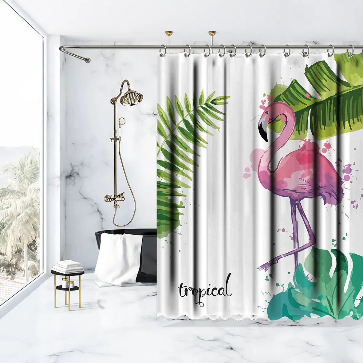 Занавеска для душа тропические листья и фламинго экзотический лес дикая природа