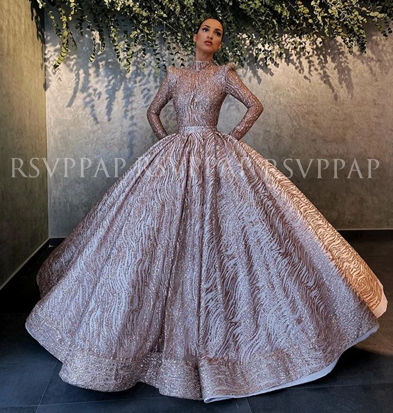 Длинные Пышные вечерние платья 2021 с высоким воротом и длинным рукавом блестящие