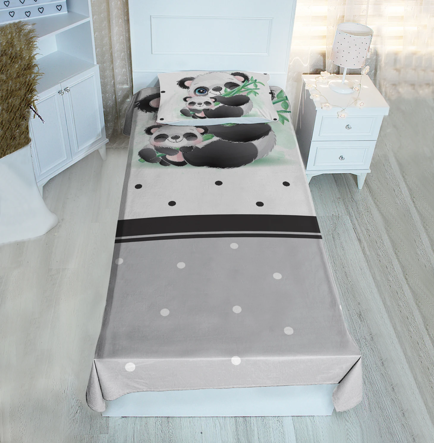 

Grey single bed cover panda bamboo animal line patterned velvet fabric Free Shipping quality product kids room decoration baby r