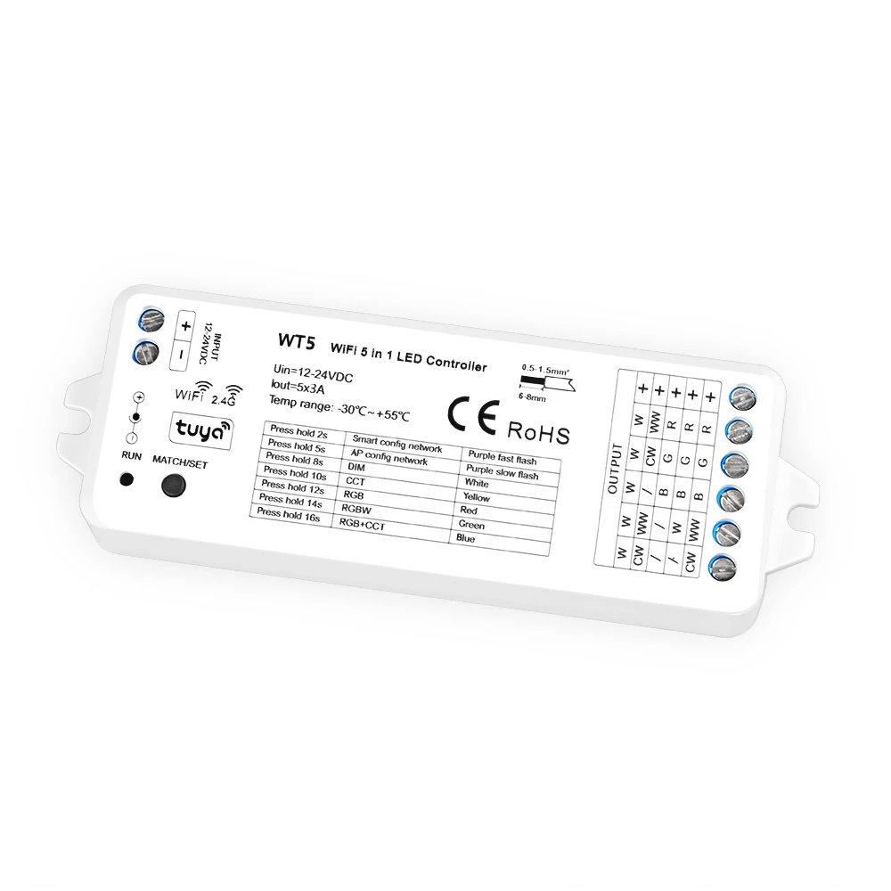 

Tuya app WT5 WIFI LED Controller for RGB+CCT LED Strip with RT10 4 Zone Wireless remote