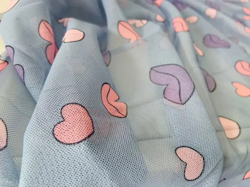 

1 Yard Blue Stretchy Printed Mesh Fabric With Cartoon Lips, Printed Power Mesh Fabric With Florals by the yard